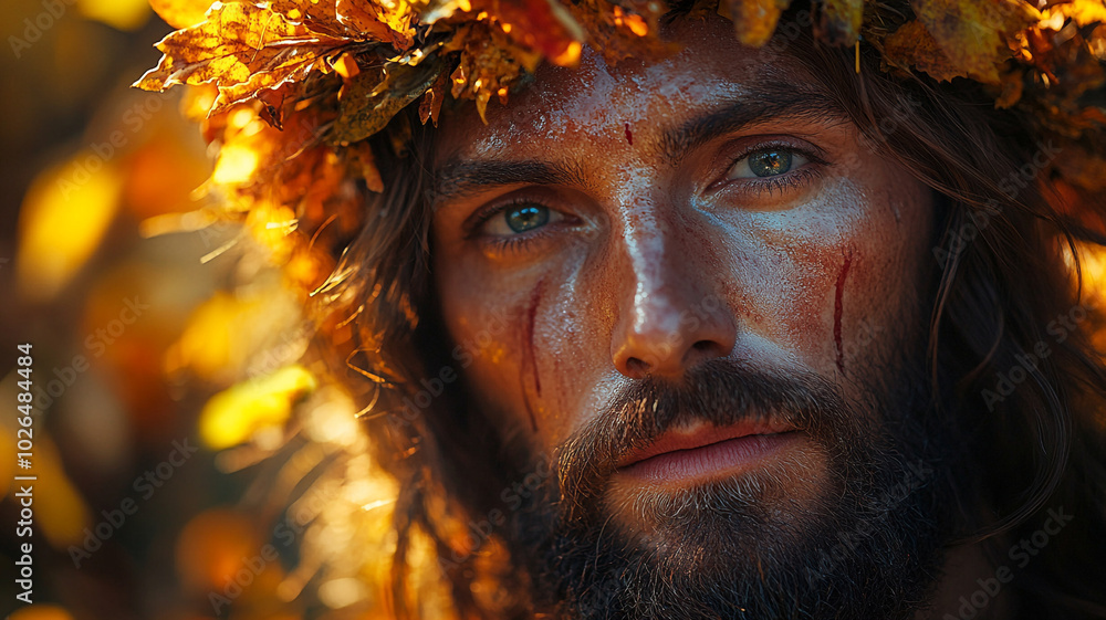 Portrait of Jesus Christ in a beautiful autumn wreath. Portrait of Jesus Christ in a beautiful autumn wreath.