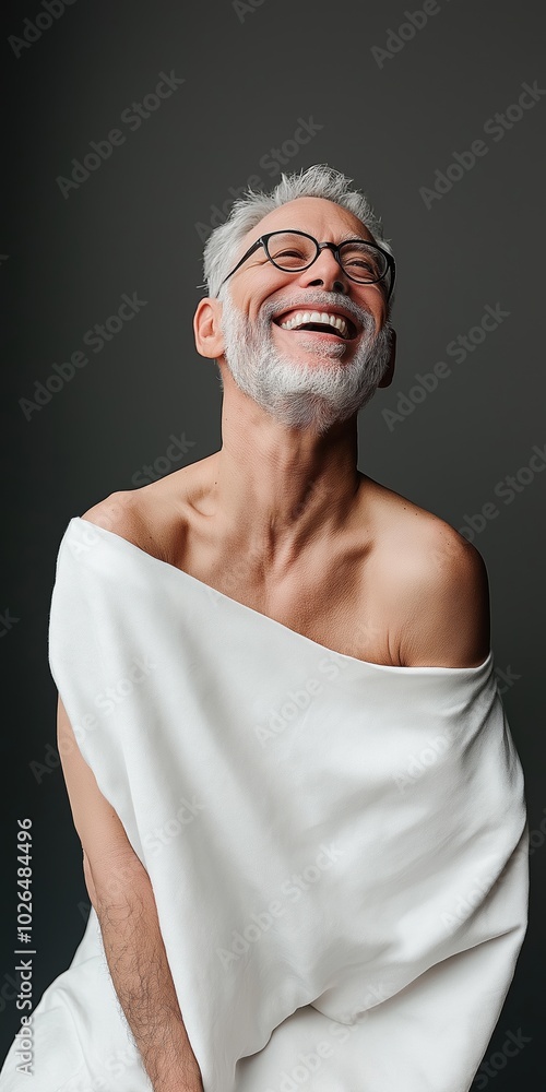 A man is smiling and wearing a white robe. The image has a lighthearted and cheerful mood A man is smiling and wearing a white robe. The image has a lighthearted and cheerful mood