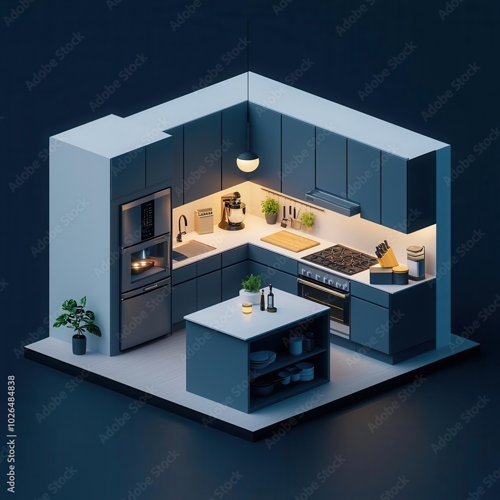 Isometric smart home kitchen, featuring sleek smart appliances and voiceactivated lighting, with a modern design Isometric smart home kitchen, featuring sleek smart appliances and voiceactivated lighting, with a modern design