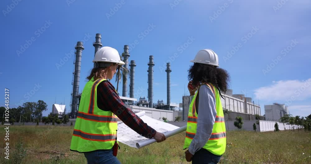 Two female construction engineers collaborating on a construction site with a blueprint plan observing their work and using a walkie talkie to communicate with the team in a thermal power plant area Two female construction engineers collaborating on a construction site with a blueprint plan observing their work and using a walkie talkie to communicate with the team in a thermal power plant area