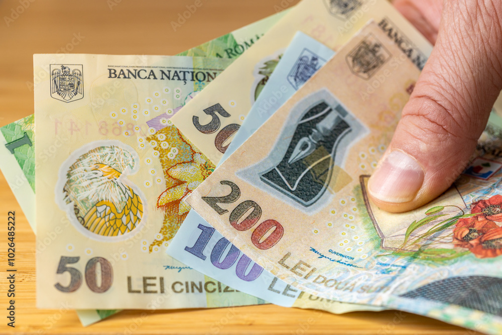 Romania money. bundle of romanian banknotes laid on counter. Financial economic concept, close up