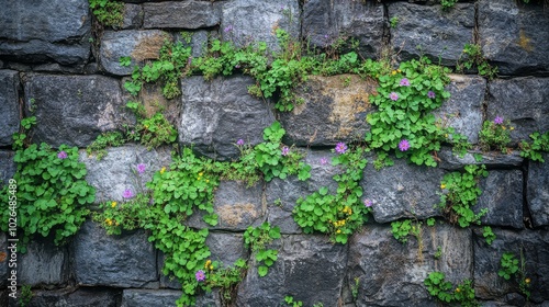 A Stone Wall Covered in Vibrant Green Vines and Delicate Purple Flowers