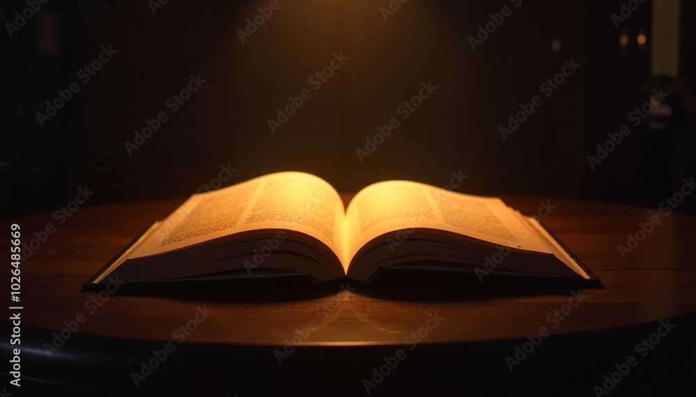 Open book illuminated softly on wooden table in warm light Open book illuminated softly on wooden table in warm light