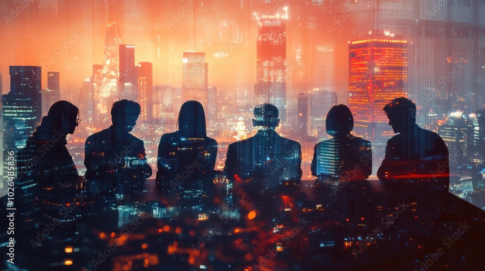 Fototapeta premium Double exposure image of many business people conference group meeting on city office building in background showing partnership success of business deal. Concept of teamwork