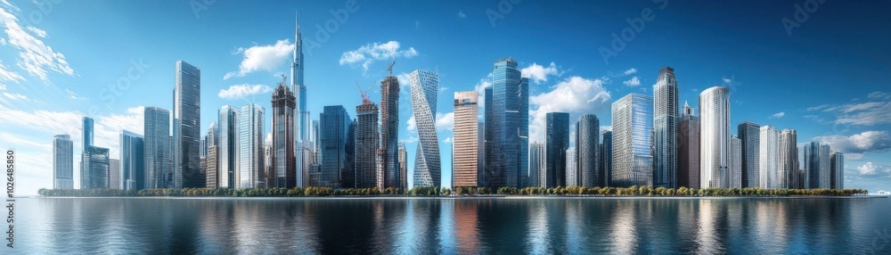Obraz premium Wideangle architecture panoramic scene flat design side view cityscape structure 3D render Splitcomplementary color scheme