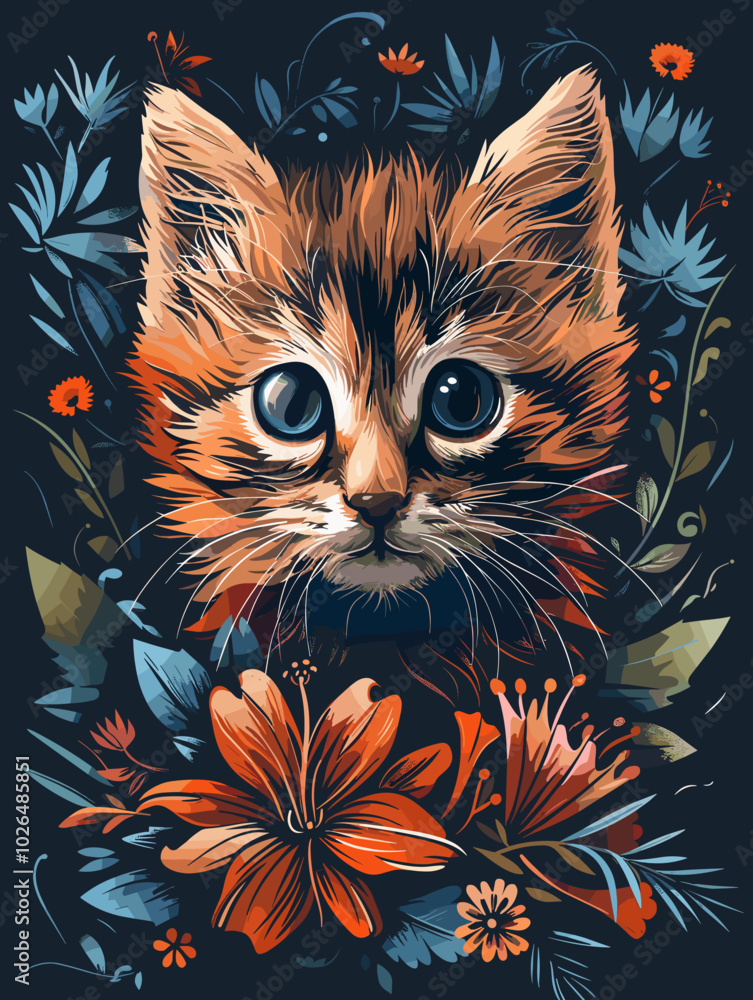 Cute kitten with flowers on a dark background. Vector illustration. Cute kitten with flowers on a dark background. Vector illustration.