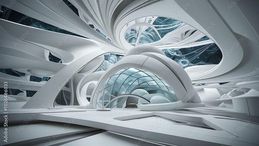 Fototapeta premium Abstract white interior highlights future. Polygon drawing . Architectural background. 3D illustration and rendering