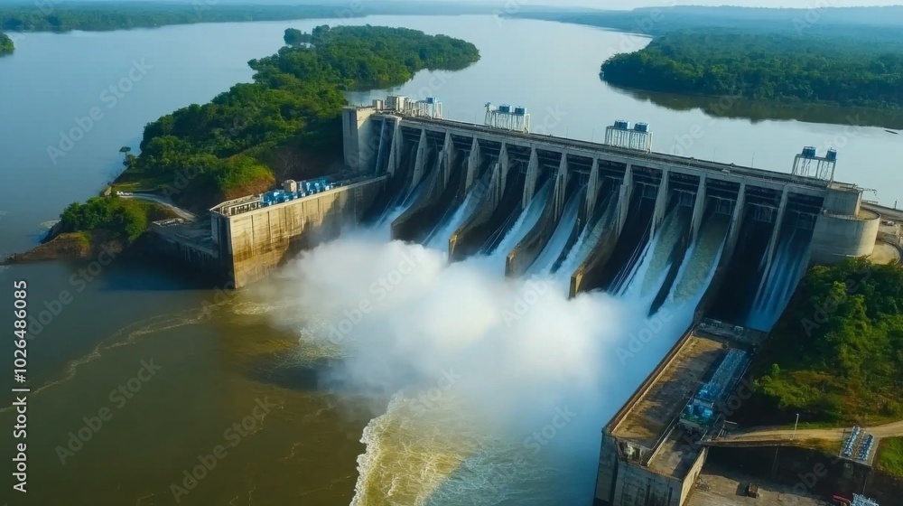 Aerial View of Water Release from Modern Dam Aerial View of Water Release from Modern Dam