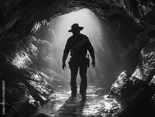 
Mexican man from the 1900's, walking inside a fearful cave