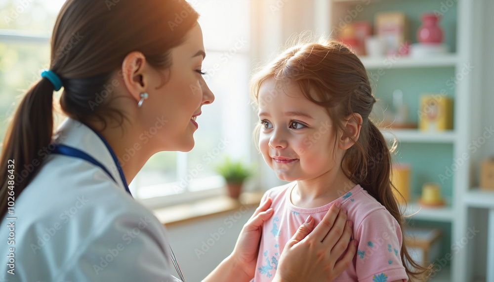Caring doctor performing a medical check-up on a young girl in a bright clinic for children's health Caring doctor performing a medical check-up on a young girl in a bright clinic for children's health