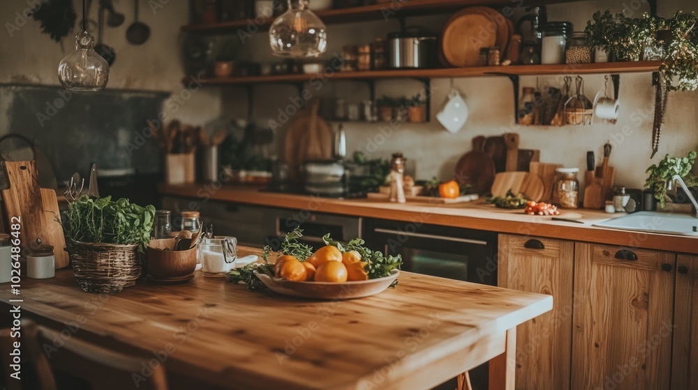A cozy kitchen with wooden elements, fresh produce, and a warm, inviting atmosphere. A cozy kitchen with wooden elements, fresh produce, and a warm, inviting atmosphere.