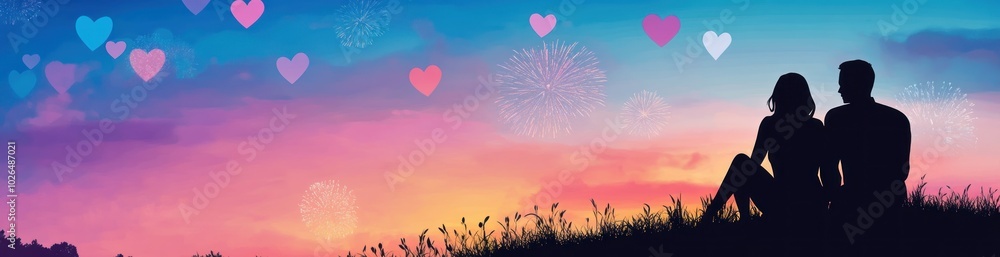 A romantic silhouette of a couple against a colorful sunset with hearts and fireworks. A romantic silhouette of a couple against a colorful sunset with hearts and fireworks.