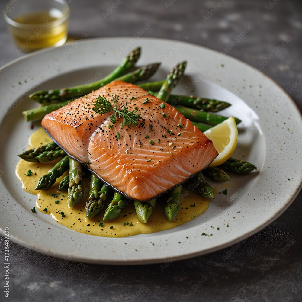 Grilled salmon steak with plate-baked asparagus, lemon slices and fresh dill Grilled salmon steak with plate-baked asparagus, lemon slices and fresh dill