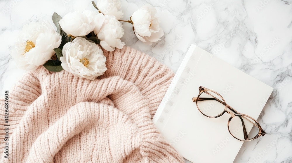 flat lay paper notebook eyeglasses peony flowers,beige cloth on stone background top view girl home office desk with elegant accessories modern feminine workspace concept. flat lay paper notebook eyeglasses peony flowers,beige cloth on stone background top view girl home office desk with elegant accessories modern feminine workspace concept.