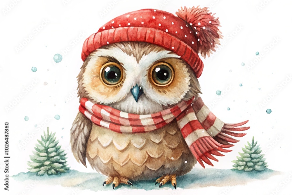 A cute owl wearing a red and white hat and scarf is sitting on the snow A cute owl wearing a red and white hat and scarf is sitting on the snow