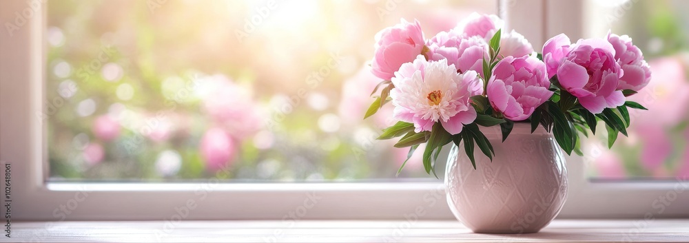 A vase of pink peonies on a windowsill, illuminated by soft sunlight. A vase of pink peonies on a windowsill, illuminated by soft sunlight.