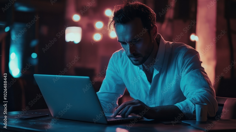 Handsome focused man working using laptop sitting at office desk table in coworking workspace. Businessman freelancer, executive manager or employee making report, searching . Vertical, Generative AI Handsome focused man working using laptop sitting at office desk table in coworking workspace. Businessman freelancer, executive manager or employee making report, searching . Vertical, Generative AI