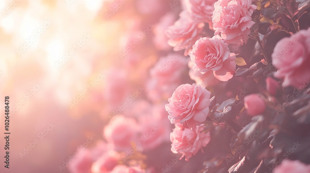 A soft-focus image of blooming pink roses with warm sunlight filtering through. A soft-focus image of blooming pink roses with warm sunlight filtering through.