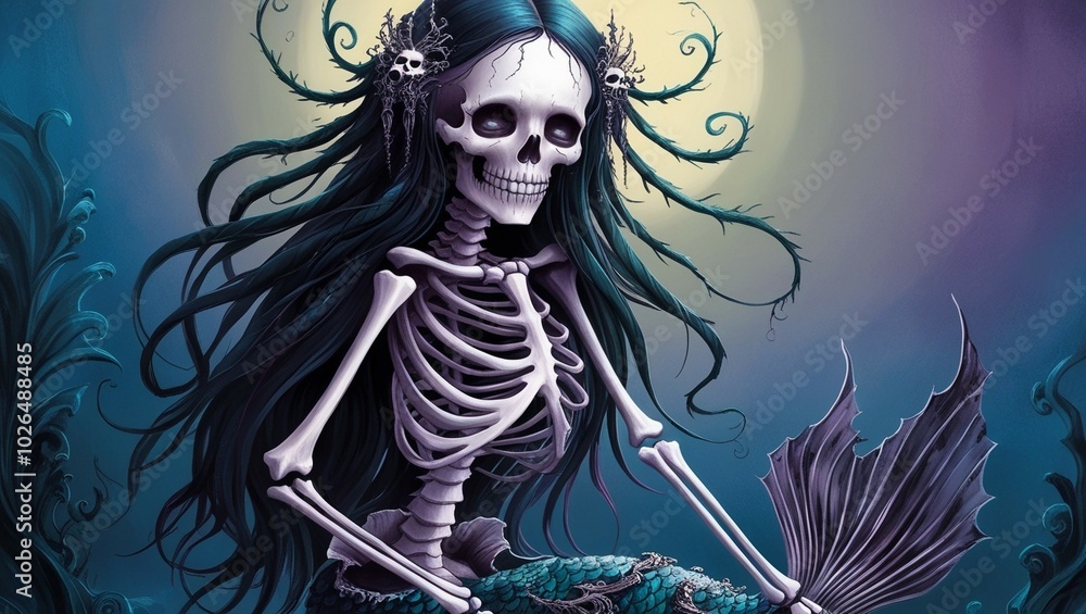 Skeleton Mermaid Illustration in Gothic Style - Dark Fantasy skelton Skeleton Mermaid Illustration in Gothic Style - Dark Fantasy skelton