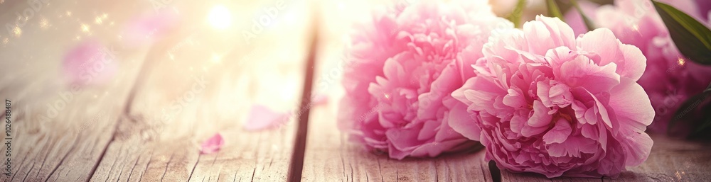 A serene arrangement of pink peonies on a wooden surface, evoking beauty and tranquility. A serene arrangement of pink peonies on a wooden surface, evoking beauty and tranquility.