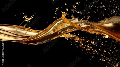 Cooking Oil Splash Clear cooking oil forming intricate splash patterns as it falls, isolated on a dark background