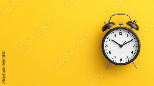 Vintage alarm clock on bright yellow background.