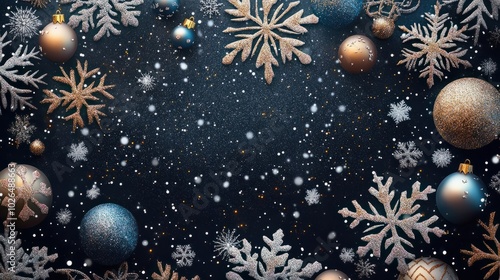 Holiday pattern with snowflakes and balls, New Year with glitter on a dark background