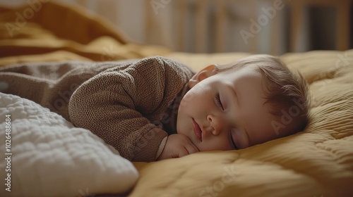 Adorable baby boy sleeping peacefully on cozy bed, surrounded by family love and tranquility