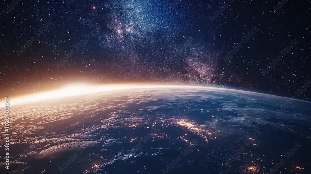 Stunning View of Stars and Milky Way Above Earth Glow at Night from Space Showing Cloud Formations and City Lights, Perfect for Inspirational and Educational Purposes, Generative Ai Stunning View of Stars and Milky Way Above Earth Glow at Night from Space Showing Cloud Formations and City Lights, Perfect for Inspirational and Educational Purposes, Generative Ai