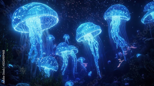 A mesmerizing underwater scene featuring glowing jellyfish in a dark ocean environment.