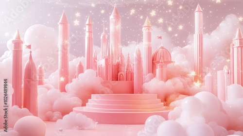 A whimsical pink castle surrounded by fluffy clouds and sparkling stars, evoking fantasy.