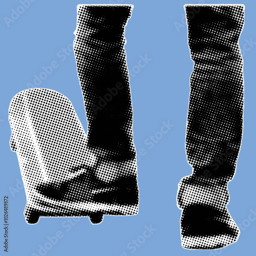 close up rear view skater foot playing tricks pixelate color halftone dotted texture style collage element in blue background photo