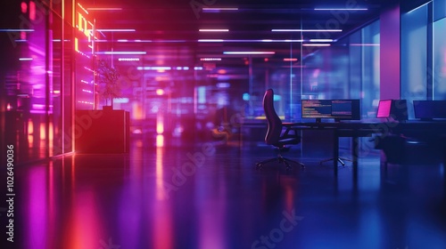 Modern neon cyberpunk open space office interior blurred with information technology overlay. Corporate strategy for finance, operations, marketing