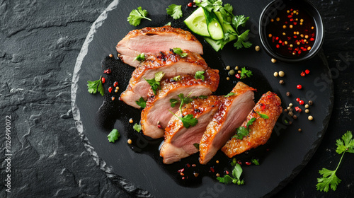 Fototapeta Naklejka Na Ścianę i Meble -  Sliced duck with vegetables on a black plate and background, top view. Chinese holiday food concept.