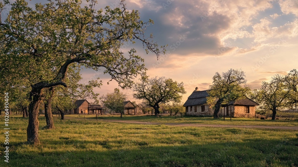 A serene countryside scene with traditional houses and trees at sunset. A serene countryside scene with traditional houses and trees at sunset.
