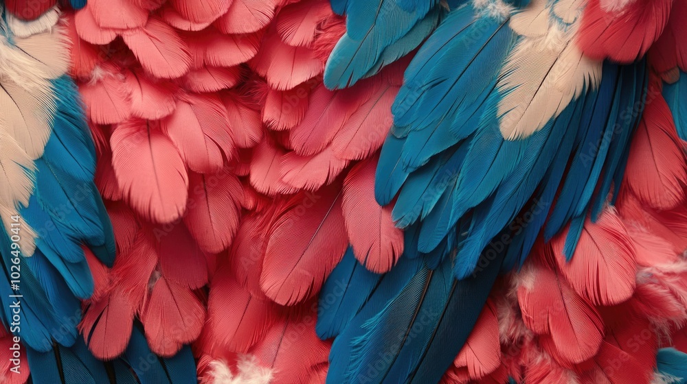 Close-up of pink and blue feathers, creating a vibrant, abstract pattern. Close-up of pink and blue feathers, creating a vibrant, abstract pattern.