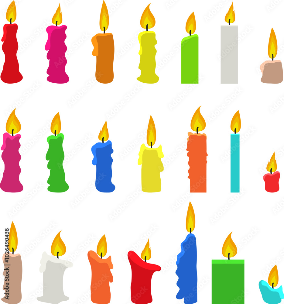 Vector candles isolated on white background. Candles of various forms and colors with burning fire Vector candles isolated on white background. Candles of various forms and colors with burning fire
