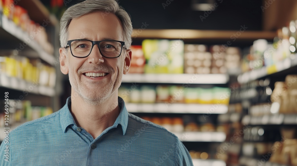 Portrait of a mature supermarket manager man with a kind smile inside his shop , grocery store shelves in background Portrait of a mature supermarket manager man with a kind smile inside his shop , grocery store shelves in background