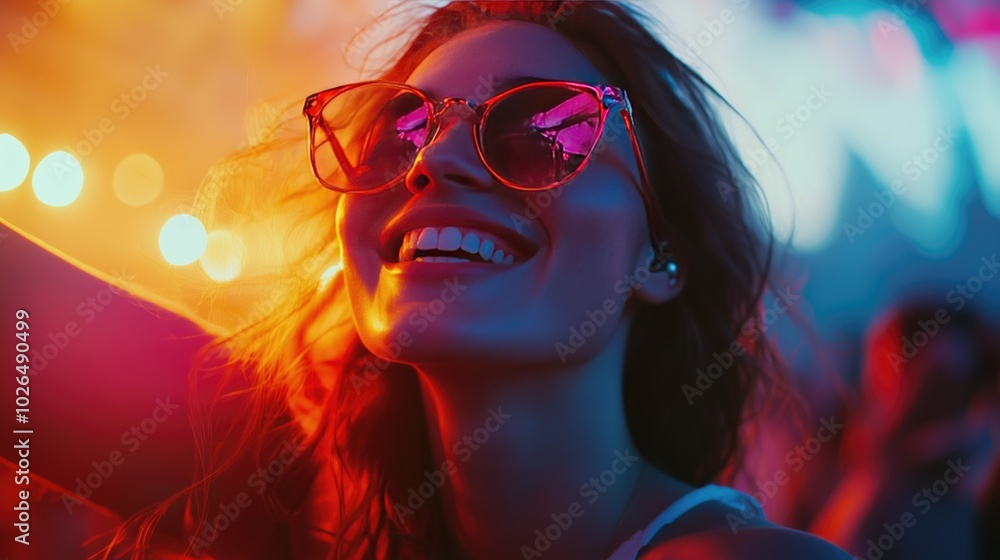 Woman with glowing headphones and neon glasses smiling Woman with glowing headphones and neon glasses smiling