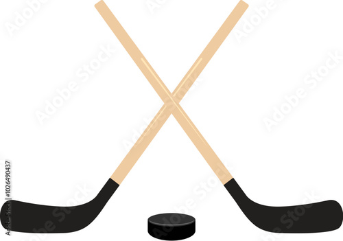 vector crossed hockey sticks and hockey puck isolated on white background. hockey sport game icon