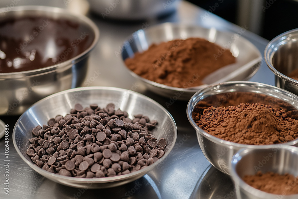 Chocolate chips and cocoa powder in bowls on metal counter Chocolate chips and cocoa powder in bowls on metal counter