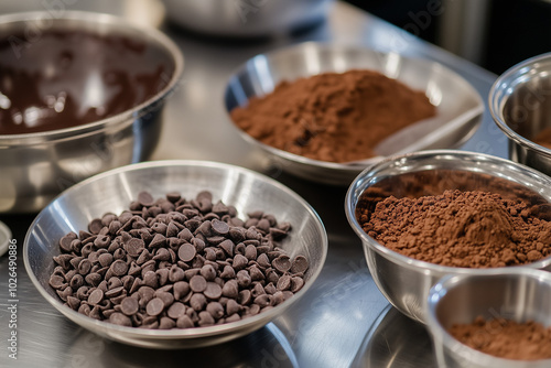 Chocolate chips and cocoa powder in bowls on metal counter