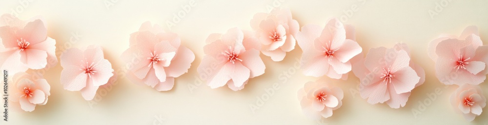 A delicate arrangement of pink paper flowers on a soft background. A delicate arrangement of pink paper flowers on a soft background.