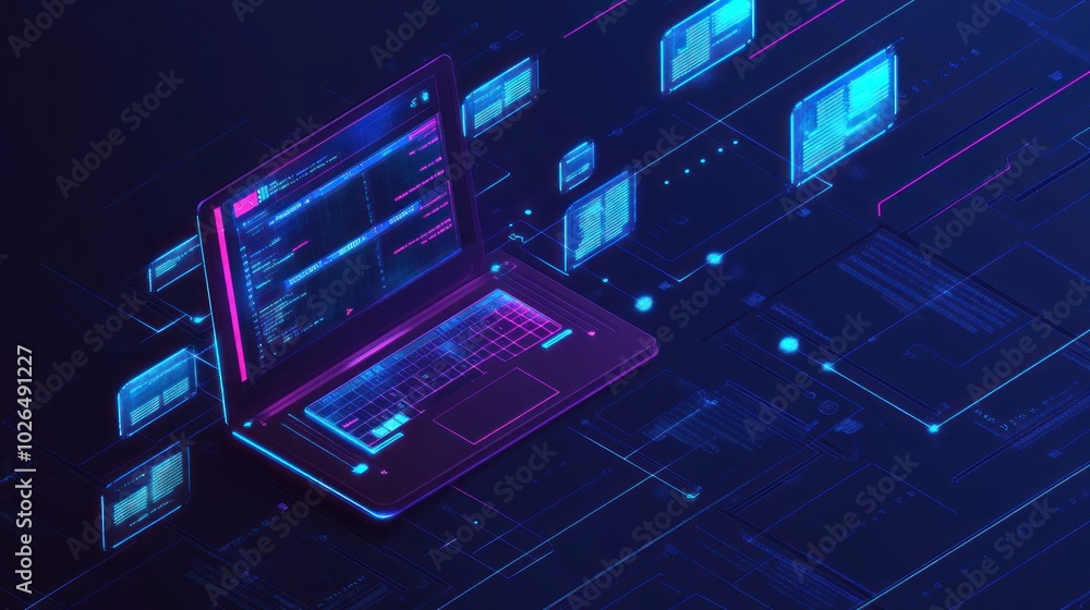 A digital illustration of a laptop with code and data visualizations. A digital illustration of a laptop with code and data visualizations.