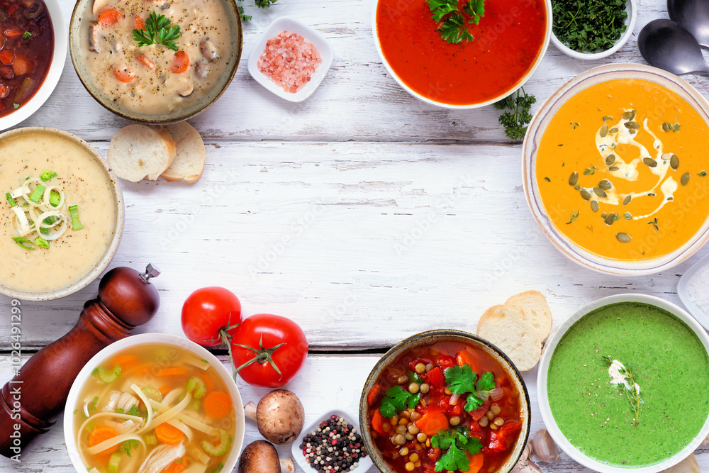 Assorted delicious homemade soups. Top down view frame on a white wood background. Warm and cozy food concept. Assorted delicious homemade soups. Top down view frame on a white wood background. Warm and cozy food concept.