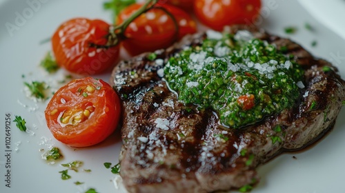 Grilled Steak with Chimichurri and Cherry Tomatoes photo