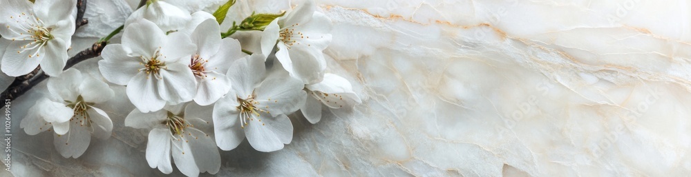 A serene arrangement of white flowers on a marble surface, evoking tranquility and elegance. A serene arrangement of white flowers on a marble surface, evoking tranquility and elegance.