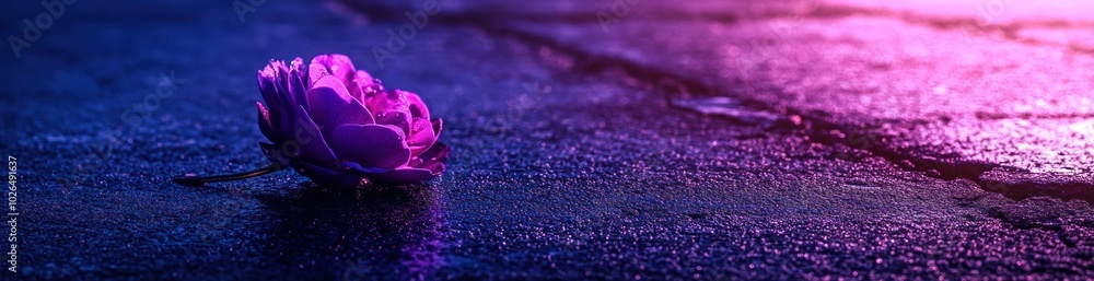 A single purple rose lies on a wet surface, illuminated by soft, colorful lighting. A single purple rose lies on a wet surface, illuminated by soft, colorful lighting.