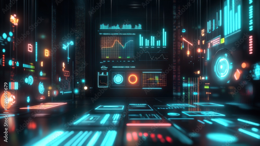Futuristic digital interface with glowing data visualizations and graphs. Futuristic digital interface with glowing data visualizations and graphs.