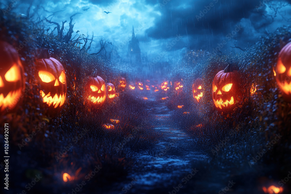 Spooky Halloween Pumpkin Path at Night Spooky Halloween Pumpkin Path at Night